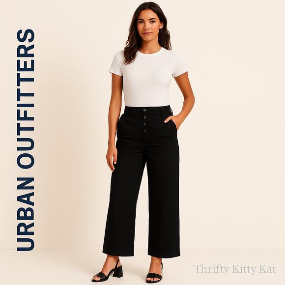 Urban Outfitters Wide Leg High Rise Button Front Dress Pants Black Minimalist S - Picture 1 of 11
